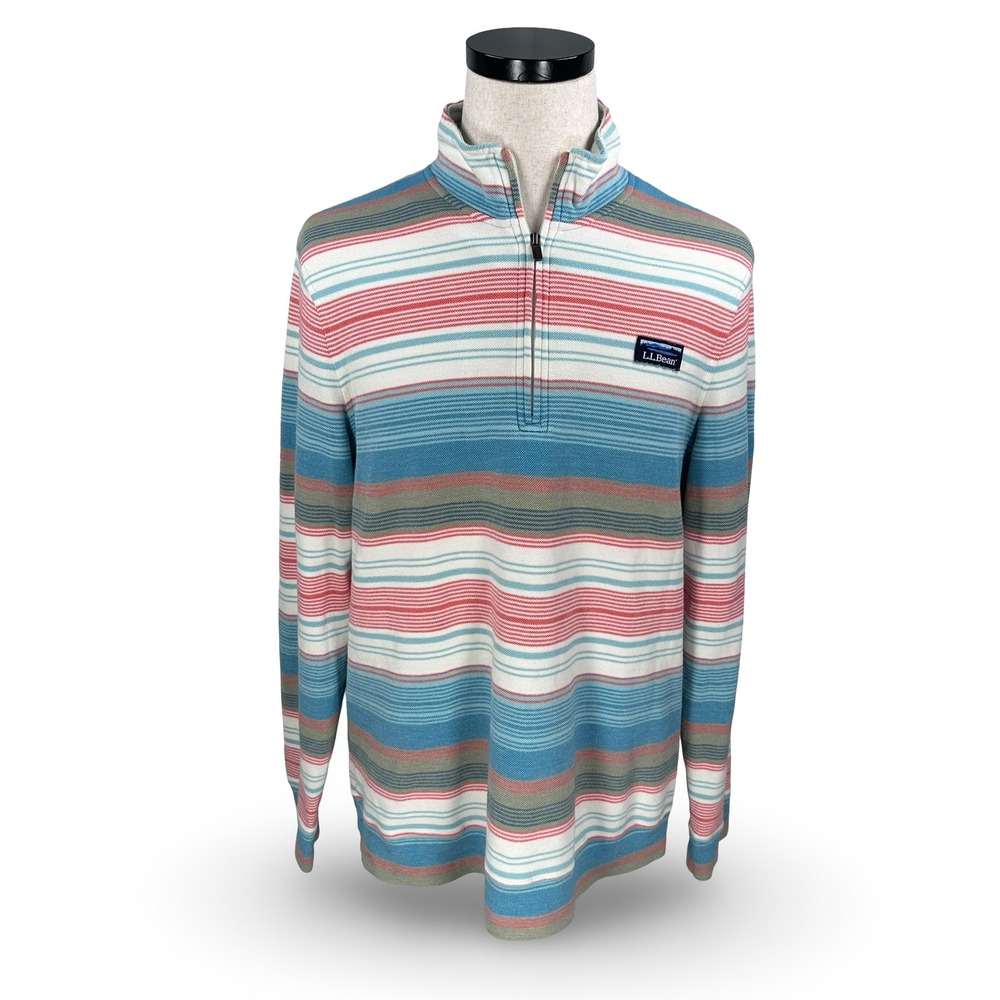LL Bean Comfort Stretch Pique Mens Quarter Zip Striped Blue Orange White Large